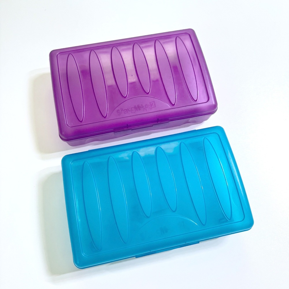 Spacemaker 2 Pencil Boxes VTG 90s Y2K Plastic School Supply Storage Blue Purple